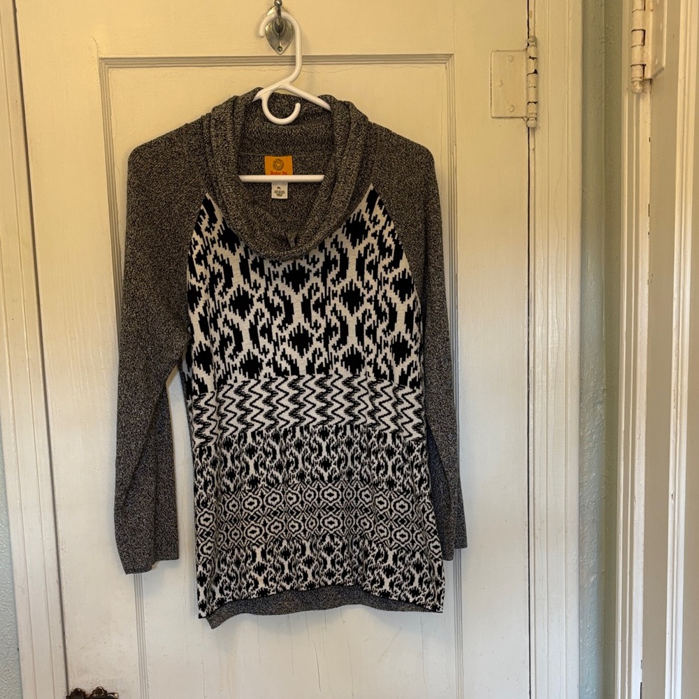 Ruby Rd. Black and Gray Patterned Cowl Neck Sweater